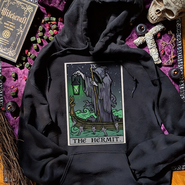 The Hermit Tarot Card Hoodie Halloween Grim Reaper Goth Witch Hoodies Men Witchcraft Sweatshirts for Witches Spooky Horror Sweater Charon