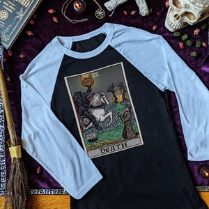 Death Tarot Card Long Sleeve Baseball Shirt The Legend of Sleepy Hollow Headless Horseman Goth Witch Raglan Tshirt Halloween Gothic Clothing