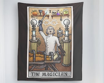 May include: A tarot card tapestry featuring a cartoon illustration of a scientist in a lab coat performing a magic trick. The card is titled "The Magician".