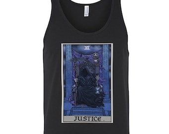 Camiseta sin mangas con la carta del Tarot de la Justicia para hombre, camiseta sin mangas de Halloween con la Parca, camiseta sin mangas gótica, camiseta sin mangas de terror, camiseta sin mangas gótica para hombre, camiseta sin mangas ocultista, regalo espeluznante
