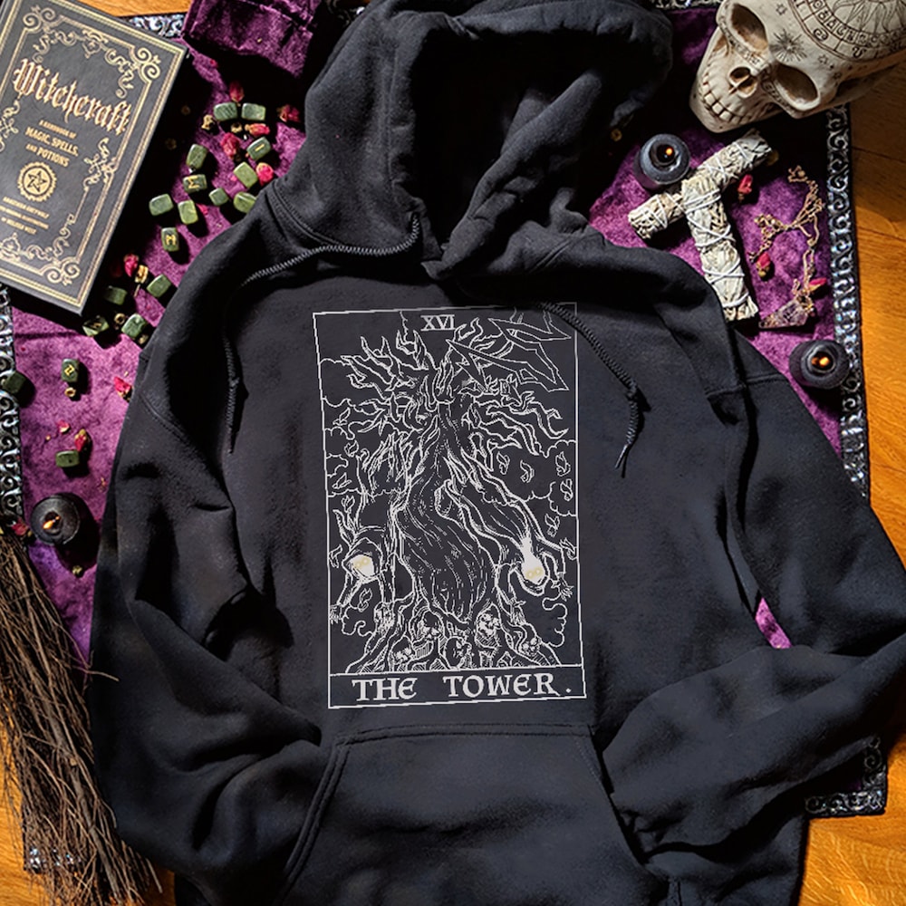 The Tower Tarot Card Hoodie Halloween Hoodie Horror Hoodies Spooky Clothing Skeleton Hoodie Ghost Hoodie Tree Of Life Hoodie Gothic Hoodies Designed By Shirttrendz