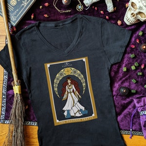 Freyja e gatos tarô cartão camisa feminina norse magia freya deusa roda da fortuna pagão bruxa roupas bruxaria presente para bruxas presentes