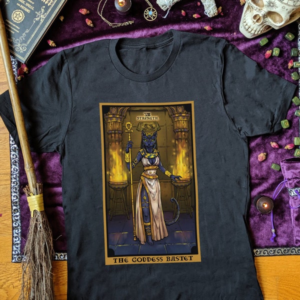 The Goddess Bastet Strength Tarot Card Shirt Witch Clothing Men Witchy Shirts Wiccan Clothing for Men Egyptian Pagan Clothes Wicca Shirt