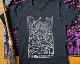 女教皇タロットカードシャツ メデューサTシャツ ギリシャ神話アートプリント 魔術シャツ ホラーTシャツ ゴシック ゴルゴン魔女服