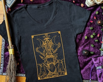 Gold Goddess Hecate Shirt V Neck Witch Shirt Women Hekate Shirt Triple Moon Goddess Witchy Shirt Women The Moon Tarot Card Shirt Women Gift