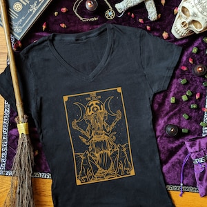 Gold Goddess Hecate Shirt V Neck Witch Shirt Women Hekate Shirt Triple Moon Goddess Witchy Shirt Women The Moon Tarot Card Shirt Women Gift