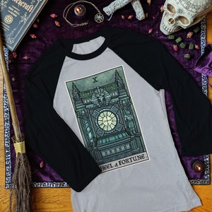 Wheel of Fortune Tarot Card Raglan Baseball Tee Shirt Gothic Clock Tower Halloween Long Sleeve T Shirt Goth Longsleeve Witchcraft TShirt