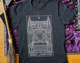 Wheel of Fortune Tarot Card Shirt Gothic Clock Tower Occult Shirts Witchcraft TShirt Horror Tee Halloween Shirts Goth T-Shirt Witch Clothing