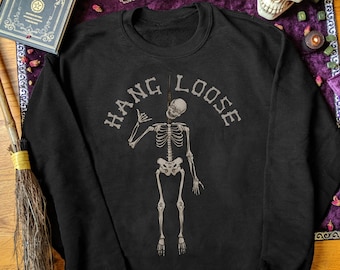 Hang Loose Sweatshirt Shaka Sign Long Sleeve Funny Halloween Sweater Skeleton Sweatshirt Women Gothic Clothing Plus Size Goth Men Gifts Gift