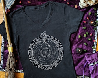 Hecates Wheel Hekate Vneck Ouroboros Shirt Pagan Witch Clothing Women Triple Moon Goddess Laurel Wreath Print Strophalos Witchcraft Gifts