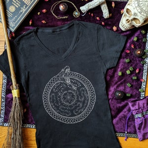 Hecates Wheel Hekate Vneck Ouroboros Shirt Pagan Witch Clothing Women Triple Moon Goddess Laurel Wreath Print Strophalos Witchcraft Gifts