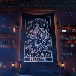 Strength Tarot Card Tapestry Cerberus Art Halloween Home Decor Persephone Art Witch Wall Hanging Witchy Decorations Greek Mythology (60x50)