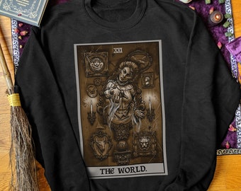 Die Welt Tarot Karte Sweatshirt viktorianischer Geist Pullover Halloween Sweatshirt Gothic Pullover Horror Sweatshirt Gruseliges Sweatshirt Goth Pullover