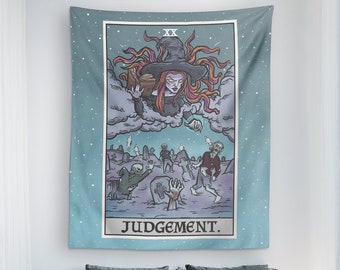 May include: A tapestry featuring a tarot card illustration of Judgement. The card depicts a witch with long, flowing hair and a crown, surrounded by clouds. Below her, several figures emerge from graves. The card number, XX, is visible in the top right corner. The text "JUDGEMENT." is printed at the bottom of the card.