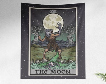 The Moon Tarot Card Tapestry Werewolf Halloween Wall Hanging Spooky Home Decor Classic Horror Wall Art Gothic Decor Indoor Art Print (80x68)