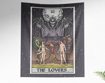 The Lovers Tarot Card Tapestry Grim Reaper Halloween Bedroom Decor Horror Home Decor Gothic Couple Art Goth Wall Hanging Spooky Gift (80x68)