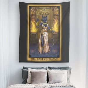 La Dea Bastet Forza Tarocchi Arazzo Gatto Egiziano Arte da parete Bast Dea Strega Arte da parete Stregoneria Altare Wiccan Decorazioni per la casa (60x50)
