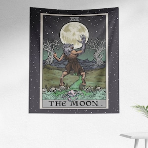 Arazzo con carte dei tarocchi della Luna, lupo mannaro, Halloween, appeso a parete, decorazione spettrale per la casa, decorazione da parete classica horror, decorazione gotica, stampa artistica per interni (80x68 cm)