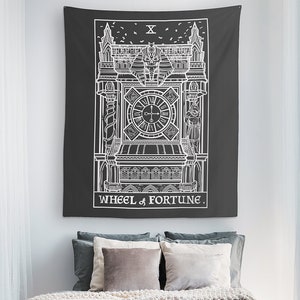 Wheel of Fortune Tarot Card Tapestry Clock Tower Gothic Home Decor Witch Wall Hanging Witchcraft Wall Art Spooky Wall Decor Goth Home Decor