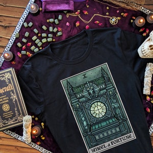 Wheel of Fortune Tarot Card Shirt Halloween Shirt Witch Clothing Plus Size Women Witchy Clothes Witches Gifts Gothic Clock Tower Witchcraft