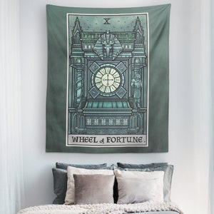 Wheel of Fortune Tarot Card Tapestry Gothic Clock Tower Halloween Wall Hangings Horror Wall Decor Goth Wall Art Spooky Witchcraft Print Gift