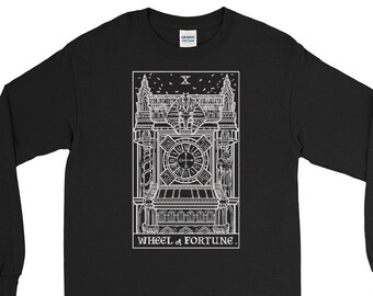 Wheel of Fortune Tarot Card Long Sleeve Shirt Gothic Clock Tower Halloween Long Sleeve Shirts Horror Long Sleeve Shirt Occult Long Sleeve