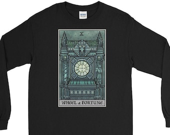 Wheel of Fortune Tarot Card Long Sleeve Shirt Gothic Clock Tower Halloween Long Sleeve Shirts Horror Long Sleeve Shirt Spooky Long Sleeve