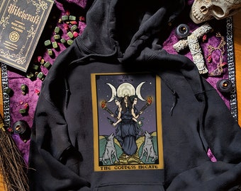Goddess Hecate Hoodie The Moon Tarot Card Hoodies Hekate Wheel Hoodie Witchcraft Sweatshirts Pagan Witchy Sweater for Witches Triple Moon