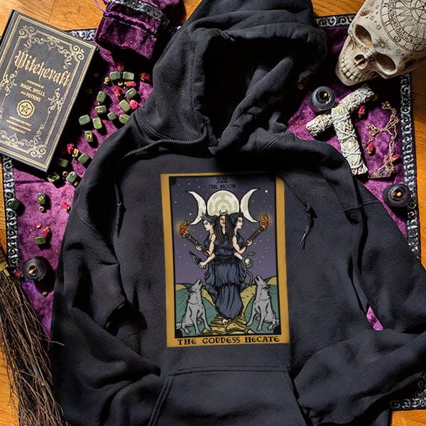 Bluza z kapturem z boginią Hekate, bluza z kapturem z kartą tarota Księżyca, bluza z kapturem z kołem Hekate, bluzy z motywem czarownic, pogański sweter czarownic dla czarownic, potrójny księżyc