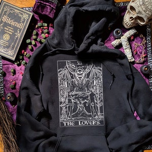 The Lovers Tarot Card Hoodie Grim Reaper Halloween Print Goth Pagan Witch Clothing Men Plus Size Witchcraft Gift for Witches Goth Gifts