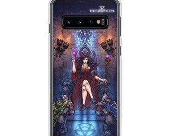 May include: A phone case featuring a tarot card illustration of The Hierophant. The card depicts a woman in a red dress sitting on a throne, holding a staff and a glowing orb. Two figures kneel before her, and a pentagram glows beneath her throne.