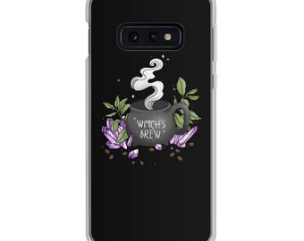 May include: A black phone case with a white border. The case features a black cauldron with purple crystals and green leaves around it. The cauldron has steam coming out of it and says "Witch's Brew" on the side.