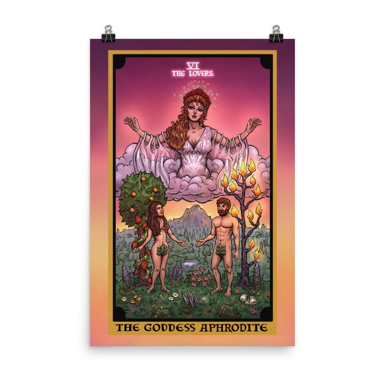 May include: A tarot card illustration depicting the Lovers card. The card features a woman with wings in the sky above a man and woman standing in a garden. The card is titled "VI The Lovers" and "The Goddess Aphrodite".
