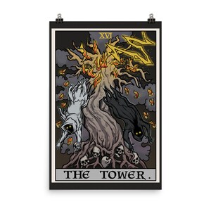 May include: The Tower tarot card depicts a fiery, lightning-struck tree with two figures falling from its branches. The figures are cloaked in white and black, with glowing eyes. Skulls are scattered at the base of the tree. The card is titled "THE TOWER."
