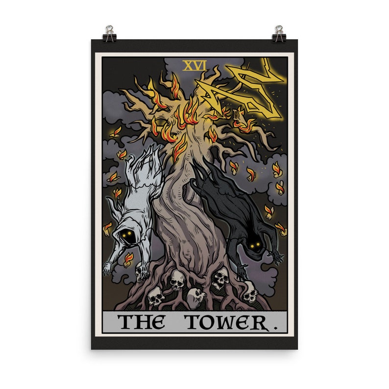 May include: The Tower tarot card depicts a fiery, lightning-struck tree with two figures falling from its branches. The figures are cloaked in white and black, with glowing eyes. Skulls are scattered at the base of the tree. The card is titled "THE TOWER."