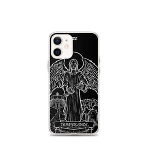May include: A clear phone case with a black background and a white outline of the Temperance tarot card. The card features an angel pouring water from one cup to another, with the text "TEMPERANCE" at the bottom.