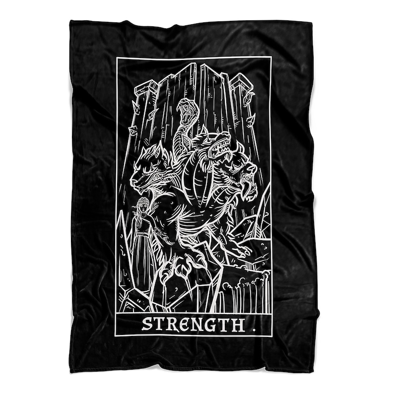 May include: Black and white illustration of a tarot card depicting a woman with a lion. The card is titled "STRENGTH".
