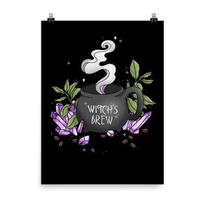 May include: A black cauldron with steam rising from it, filled with a dark liquid. The cauldron has the text "Witch's Brew" written on it. The cauldron is surrounded by purple crystals and green leaves on a black background.