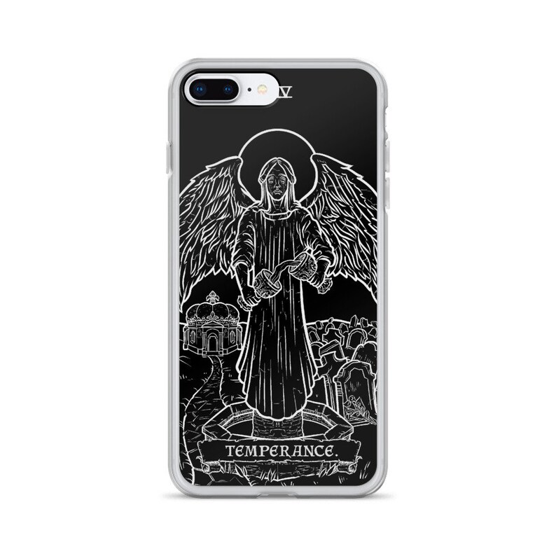 May include: A black and white illustration of the Temperance card from a tarot deck. The card features an angel pouring water from one cup to another, with a background of a building and a graveyard. The text "TEMPERANCE" is written at the bottom of the card.