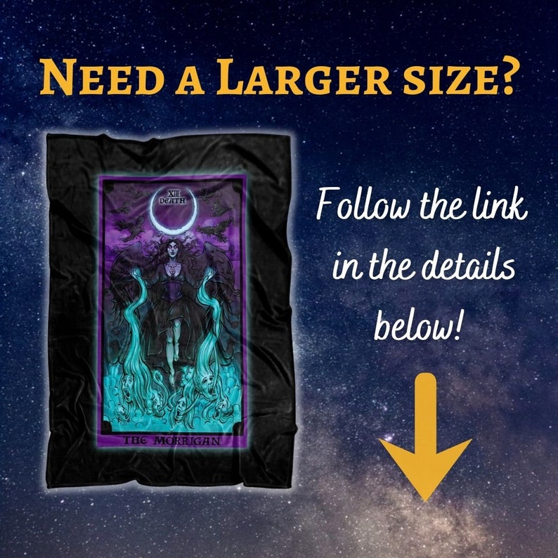 May include: Black fleece blanket with a purple and green tarot card design featuring the Morrigan, the Death card, and the text "XII Death".