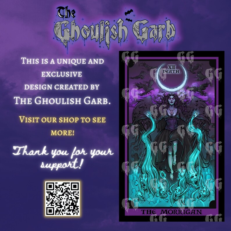 May include: A tarot card illustration featuring a woman with dark hair and a black dress, surrounded by a crescent moon and ravens. The card is titled "The Morrigan" and the number "XIII" is displayed above the title. The card is set against a purple background with a blue and green glow.