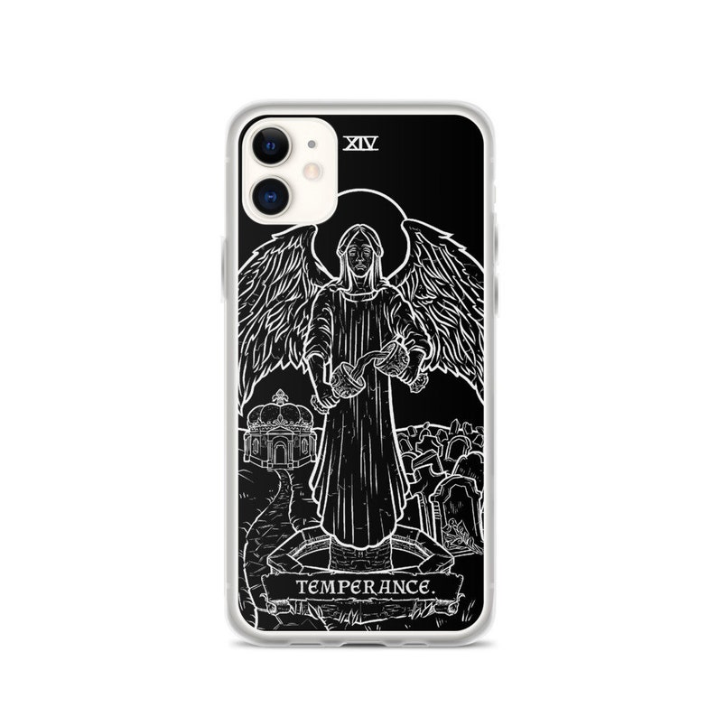 May include: A black and white phone case with a tarot card design. The card is the Temperance card, which features an angel pouring liquid from one cup to another. The card number, XIV, is in the top right corner. The text "TEMPERANCE." is at the bottom of the card.