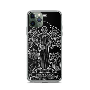 May include: Black and white phone case with a tarot card design. The card is Temperance, which is depicted as an angel pouring liquid from one cup to another. The card number XIV is in the top right corner. The text "TEMPERANCE" is at the bottom of the card.