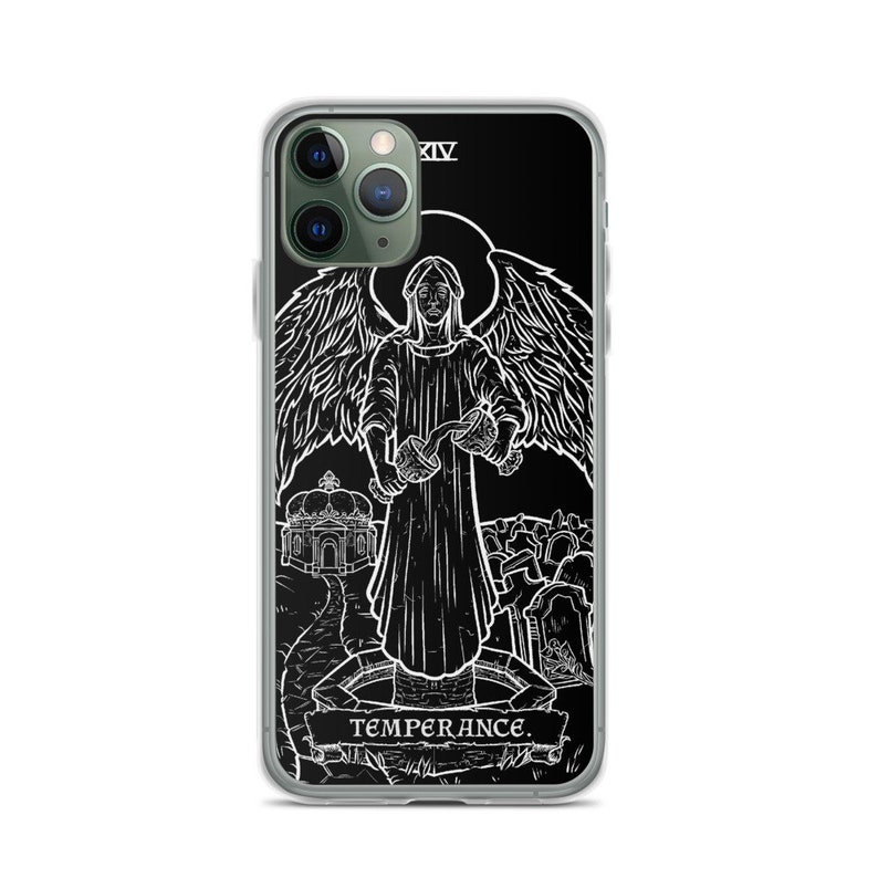 May include: Black and white phone case with a tarot card design. The card is Temperance, which is depicted as an angel pouring liquid from one cup to another. The card number XIV is in the top right corner. The text "TEMPERANCE" is at the bottom of the card.