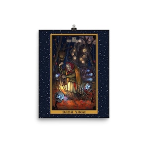 May include: A tarot card illustration of Baba Yaga, a witch from Slavic folklore, depicted as the Hermit card. The card is set against a dark blue background with white stars. The illustration features Baba Yaga holding a lantern and a broom, with a skull-like creature following her. The card is framed in gold and has the text "IX THE HERMIT" and "BABA YAGA" on it.