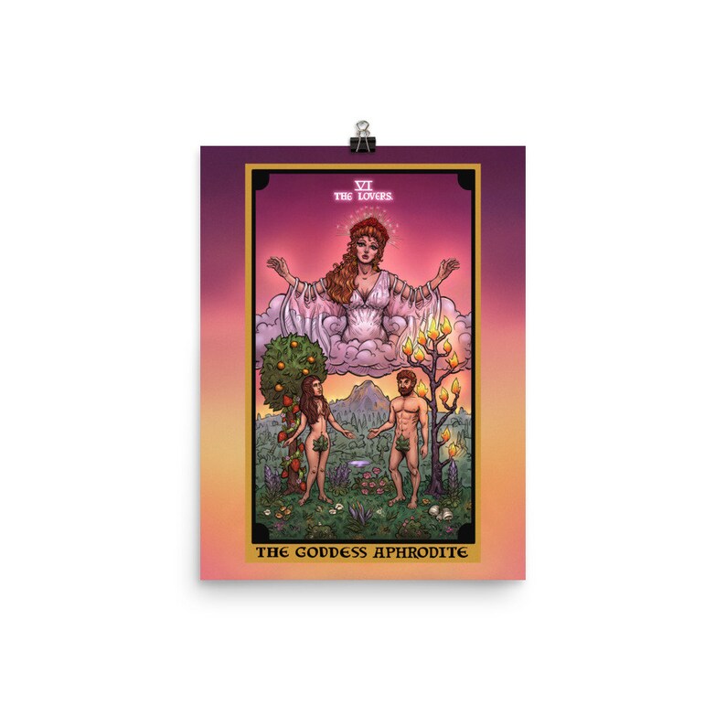 May include: A tarot card illustration of the Lovers card, depicting a woman in a white gown with outstretched arms, floating above a cloud. Below her, a man and woman stand facing each other, with a tree behind each of them. The card is titled "The Lovers" and "The Goddess Aphrodite".