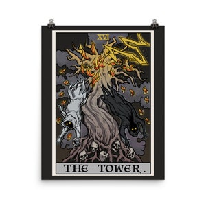 May include: A tarot card illustration of The Tower card. The card depicts a lightning bolt striking a tree with two figures falling from the branches. The tree is surrounded by skulls and the text "THE TOWER." is at the bottom of the card.