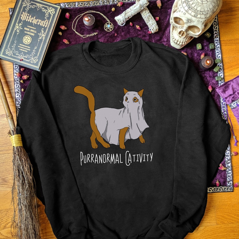 Purranormal Cativity Sweatshirt Halloween Cat Sweatshirt Women Spooky Sweatshirt Halloween Sweater Women Kitten Sweater Kitty Cat Sweatshirt image 1