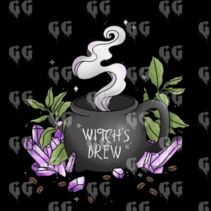 Op de afbeelding: Een zwarte ketel met stoom die eruit opstijgt, met het label "Witch's Brew". De ketel is omringd door paarse kristallen en koffiebonen op een zwarte achtergrond.