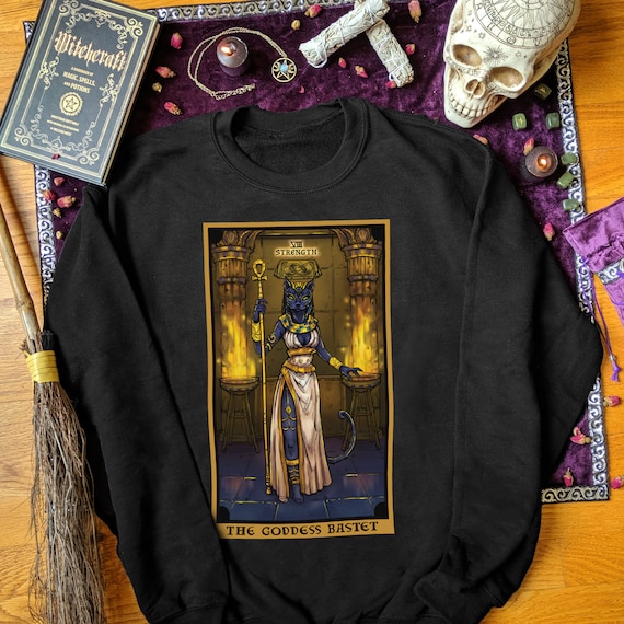 The Goddess Bastet Strength Tarot Card Sweatshirt Witchy Clothing Long Sleeve Witchcraft Sweater Witch Sweatshirt Wicca Clothes Wiccan Gifts